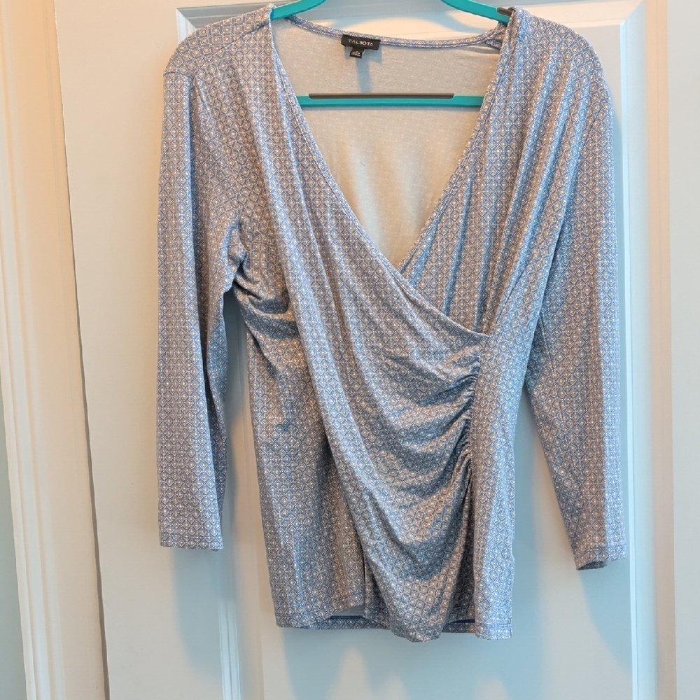 Talbots Blue and White Patterned Wrap Top